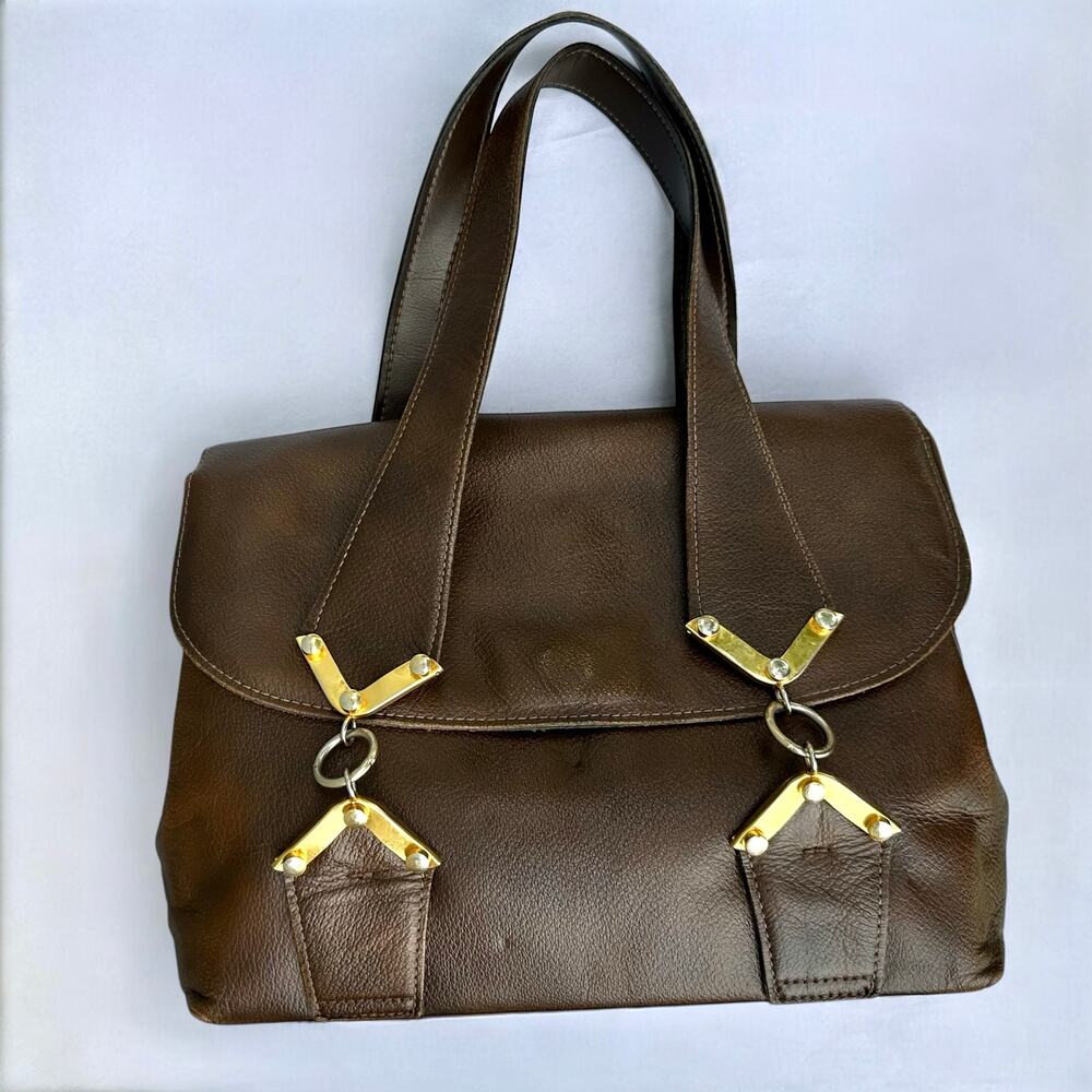 Vintage Letisse Brown Leather Shoulder Bag Top Handle Purse Satchel Brass Gold